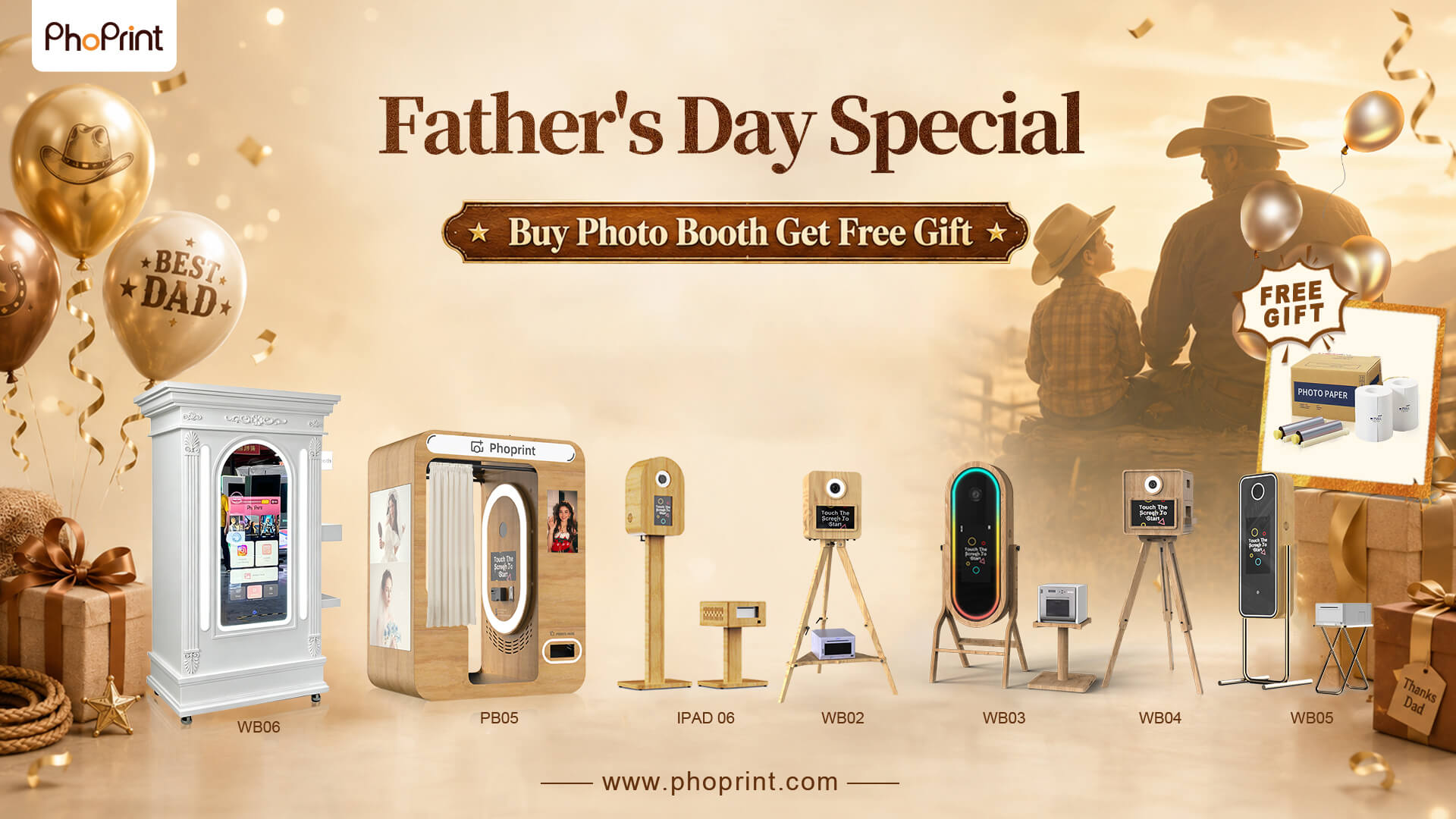 Phoprint vintage photobooth bulk packaging with Father’s Day wholesale banner