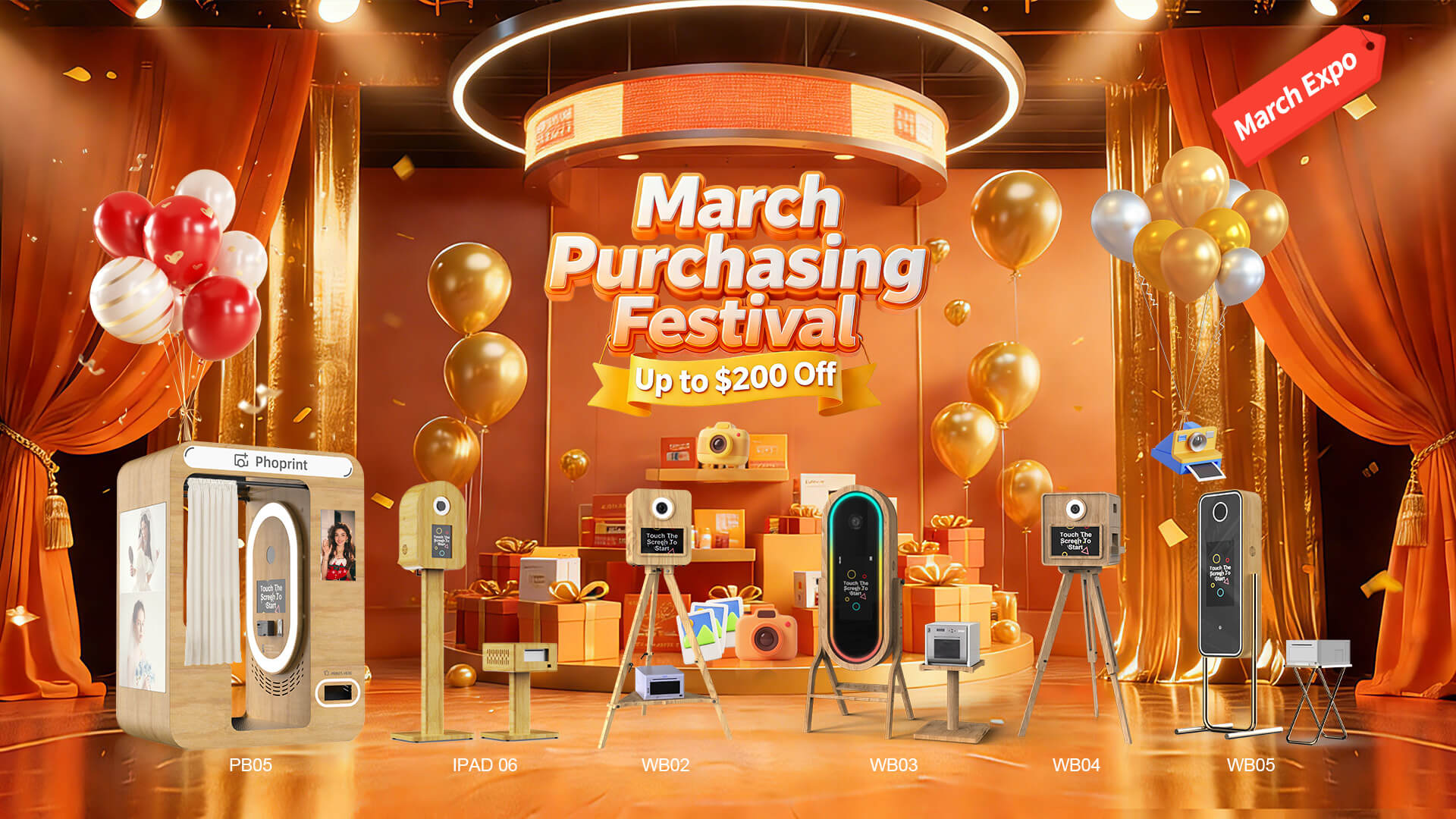 Couple using PhoPrint wooden vintage photo booth at outdoor wedding party.