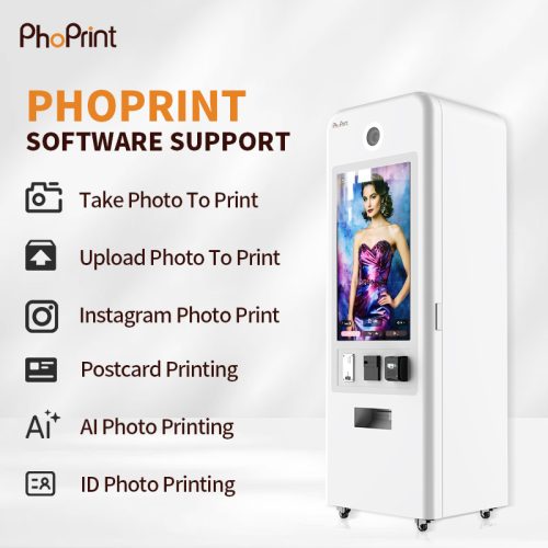 PhoPrint software interface showing take photo to print, upload photo, Instagram print, postcard, AI photo printing, and ID photo