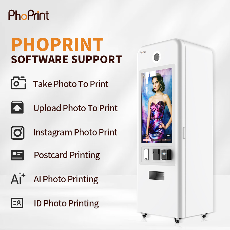 PhoPrint Software – Multiple Photo Printing Modes PhoPrint software interface showing take photo to print, upload photo, Instagram print, postcard, AI photo printing, and ID photo