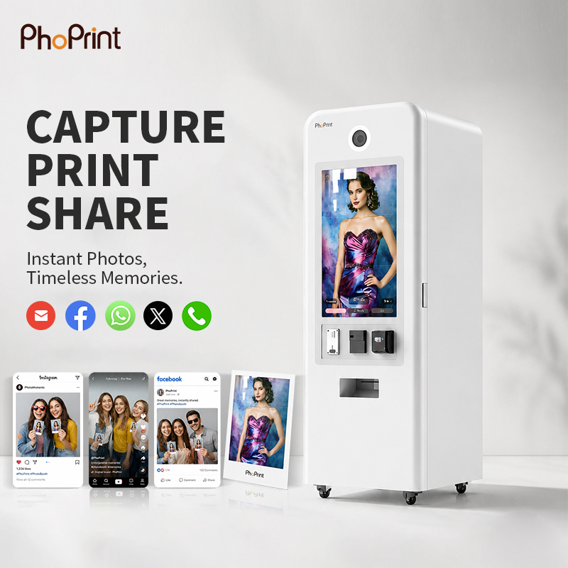 Capture – Print – Share with PhoPrint Mirror Booth PhoPrint touchscreen showing capture, print, share functions and Facebook integration for instant memories