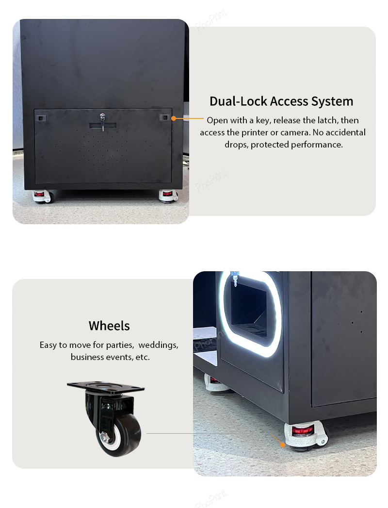 A space-saving black mini photo booth in a café