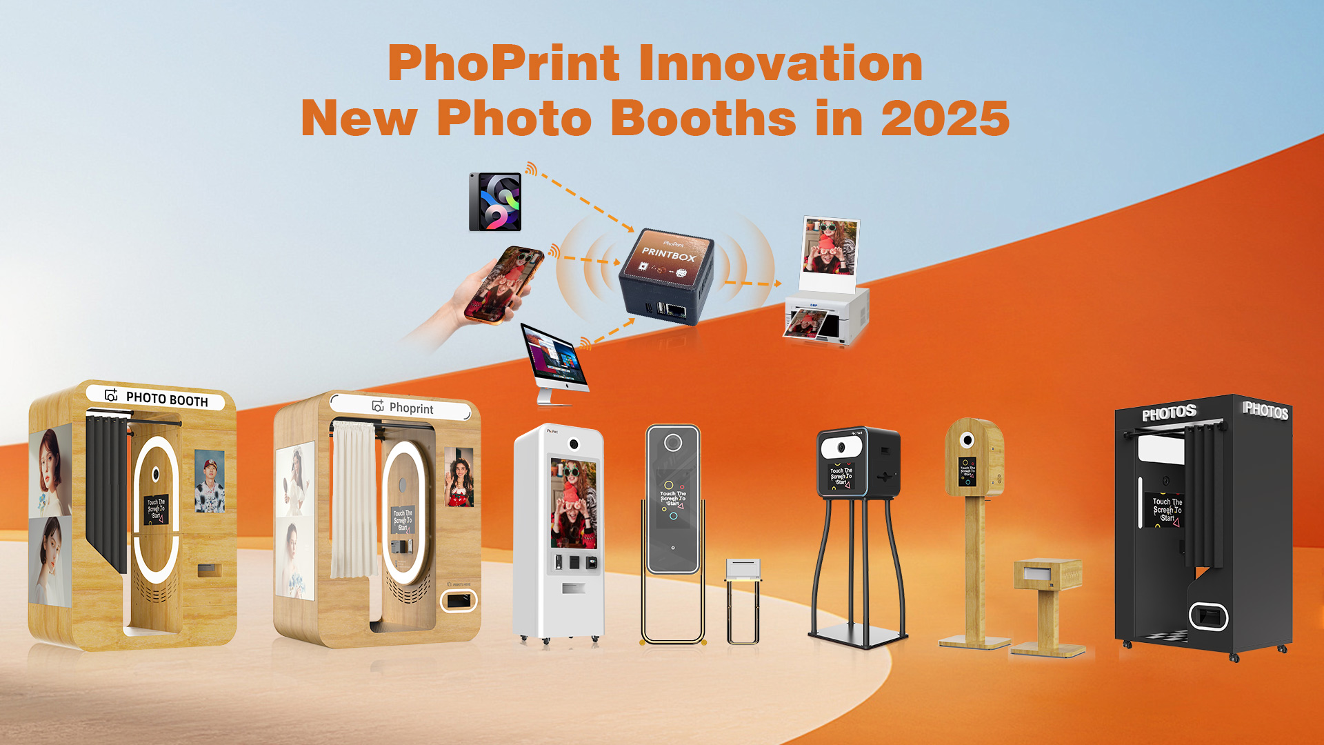 PhoPrint's 2025 photo booth lineup, including mirror, enclosed, iPad, and portable models, designed and built in-house.