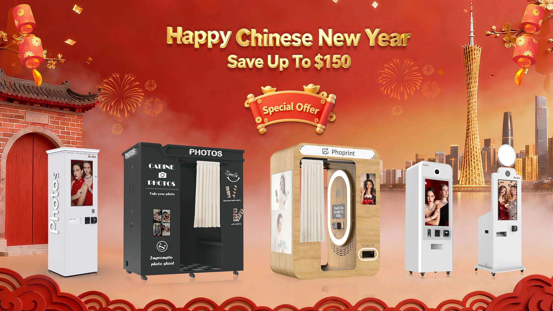 Own a Lunar New Year Photo Booth – Limited Stock with $150 Off Business owner showcasing a red photo booth purchased for their venue