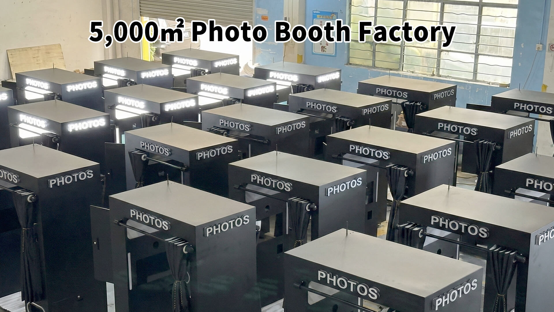 Inside PhoPrint's 5000 square meter photo booth factory showcasing production line and custom builds.