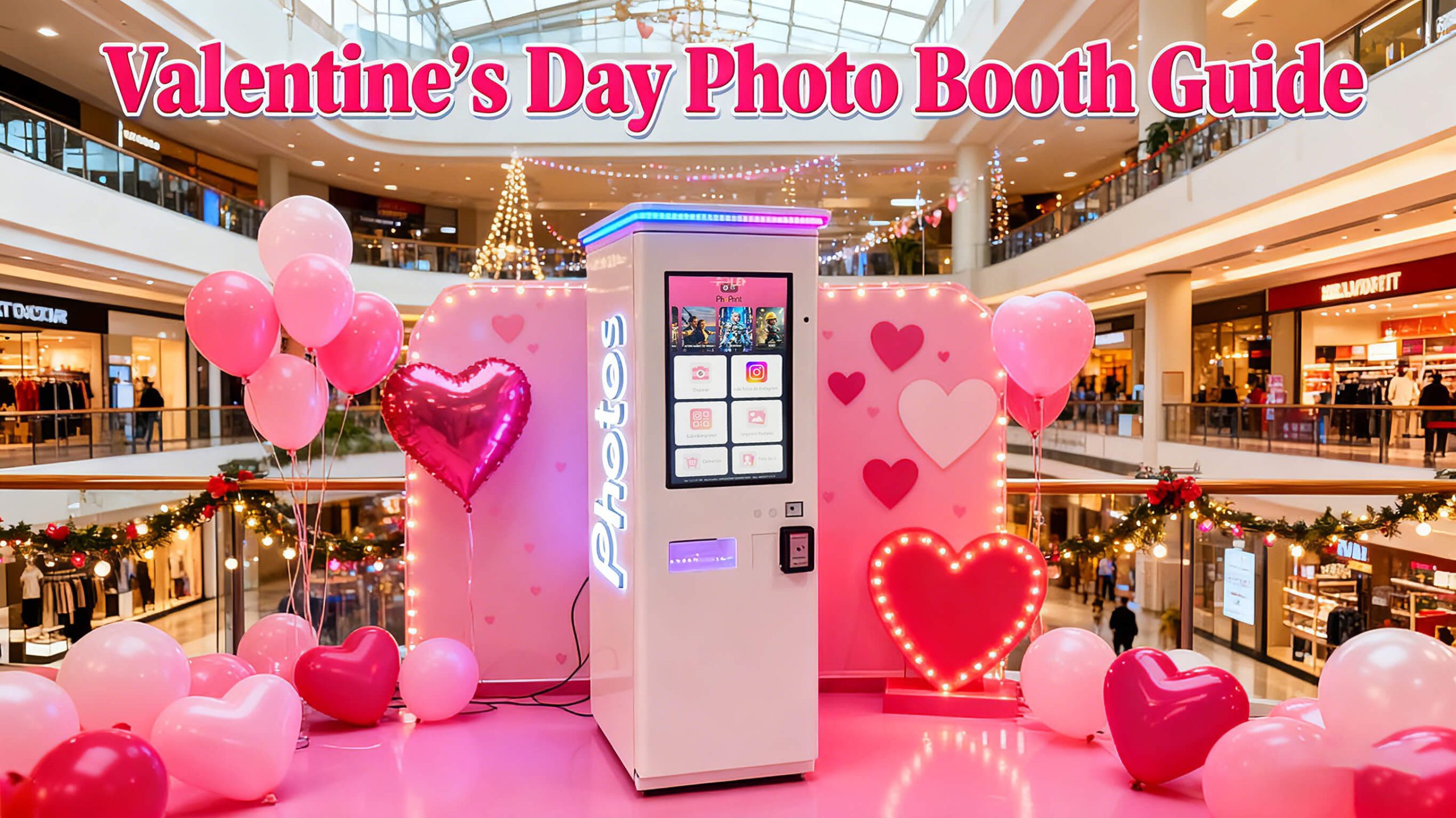 An event planner using a PhoPrint wooden photo booth at a stylish Valentine's Day party, showcasing a couple posing with festive props.