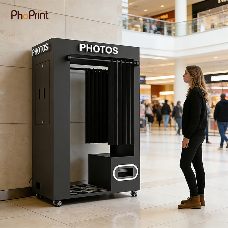 Classic Black Booth Rentals for Elegant Occasions A classic black photo booth at a gala dinner