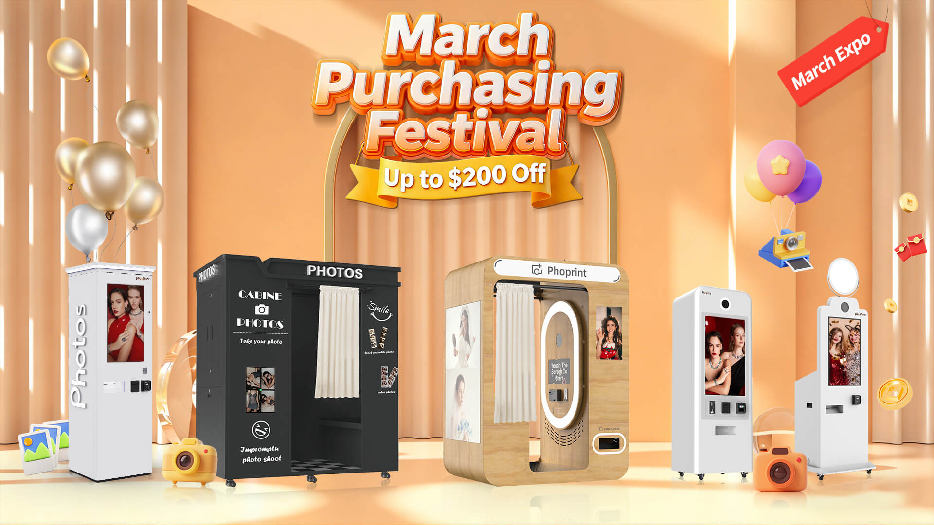 PhoPrint enclosed payment photobooth with credit card reader in a shopping mall.