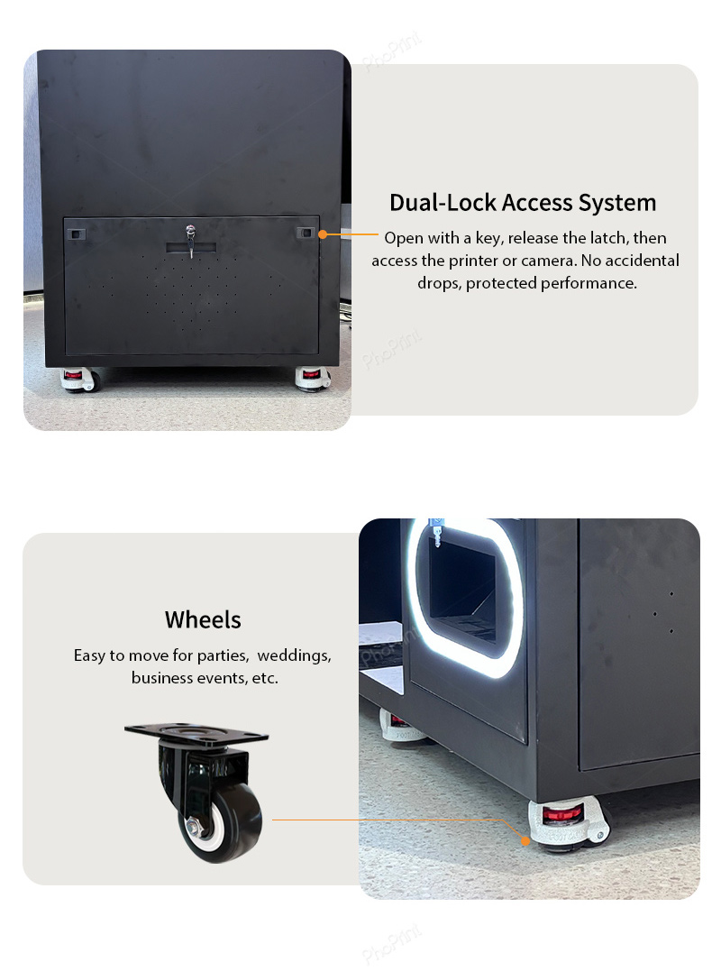 A space-saving black mini photo booth in a café