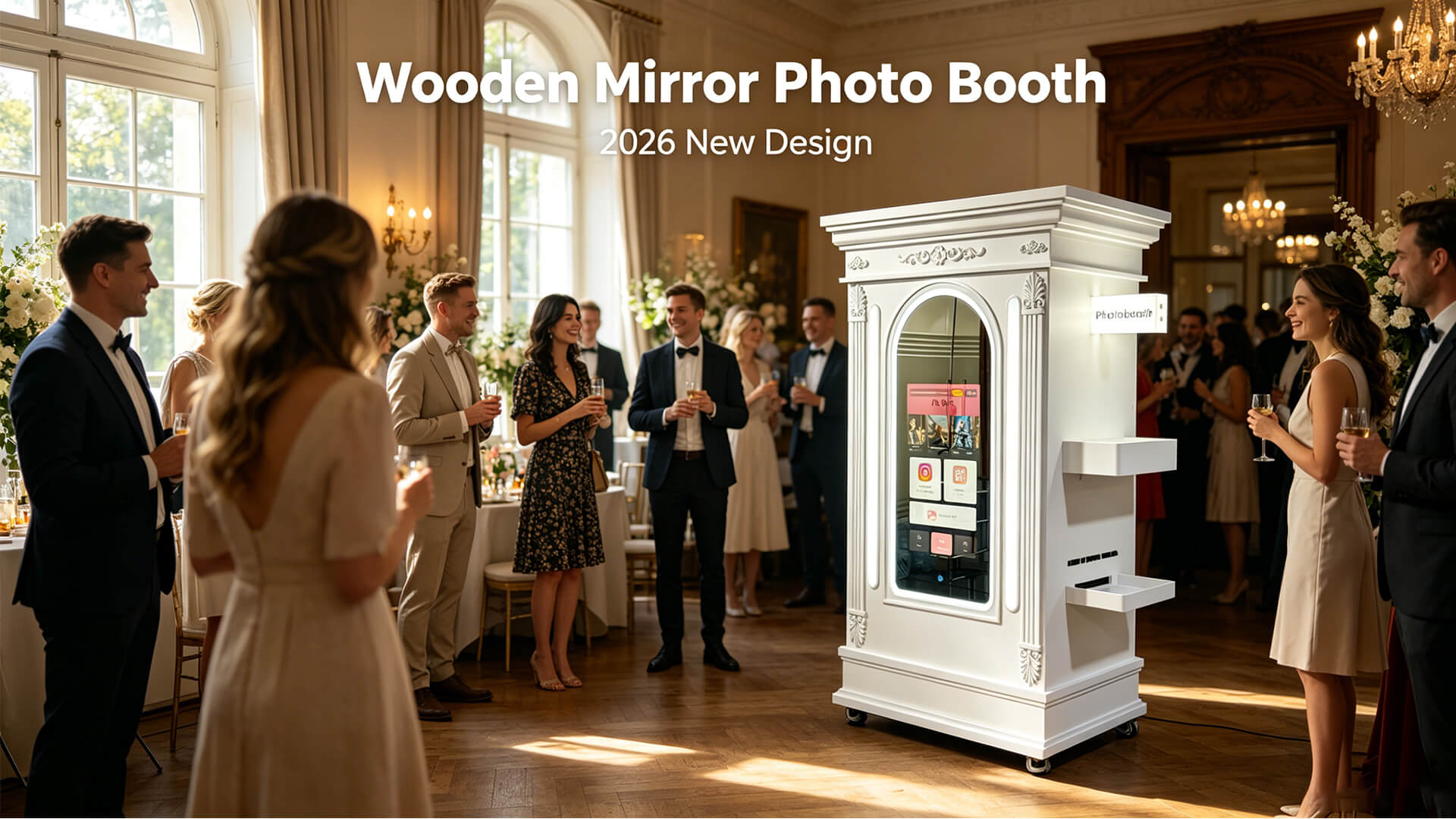 Open air wooden selfie booth with mirror finish and 32-inch touch screen